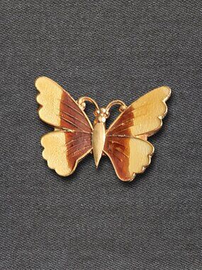 Amber and Tan Enamel Butterfly Brooch Pin, Vintage Unmarked Jewelry